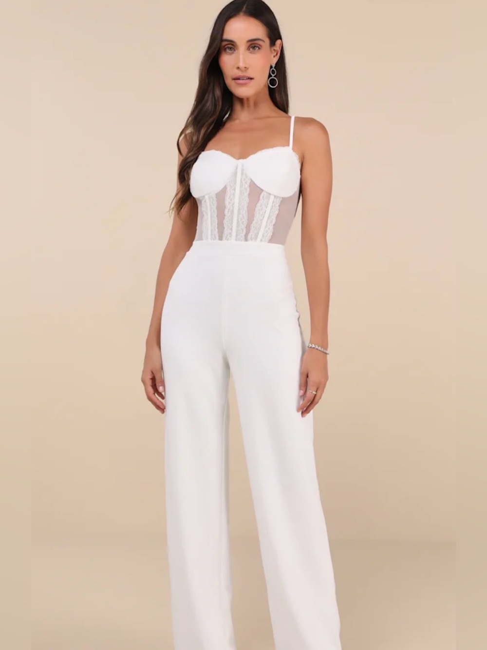 Lulus Perfectly Sultry White Sheer Mesh Bustier WideLeg Jumpsuit Sweetheart Sz.S